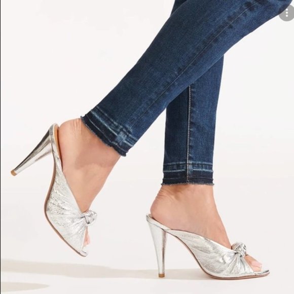 Used once Veronica Beard Pari Silver Foil Metallic Slide Peeptoe Pumps Heels - Picture 1 of 8